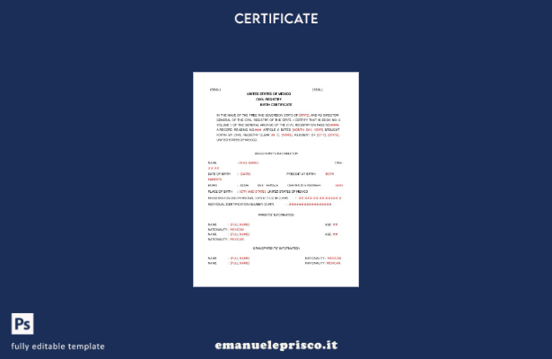 stile verificato Modello di certificato di nascita del registro civile USA del M